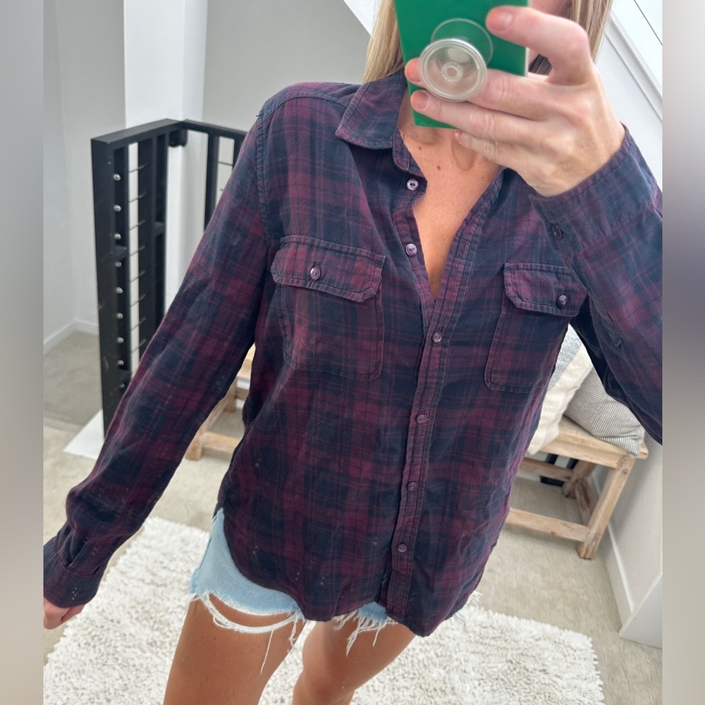 Paige red & blue Plaid Button Down Flannel blouse country western winter fall M - Picture 3 of 9